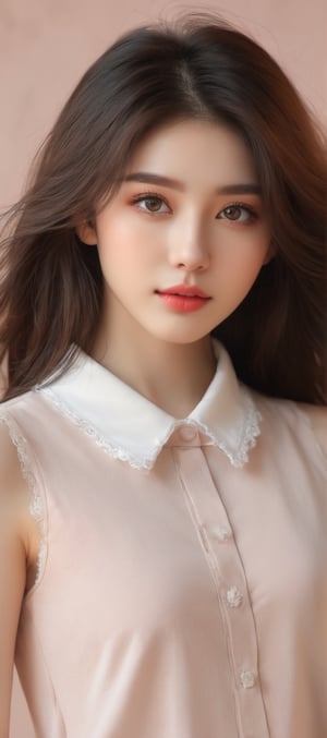 Beautiful soft light, (beautiful and delicate eyes), very detailed, pale skin, (long hair), dreamy, ((frontal shot)), (full body shot), brown eyes, soft expression, bright smile, art photography, fantasy, Shy, cute and soft image, masterpiece, ultra-high resolution, colors, very detailed and soft lighting, details, Ultra HD, 8k, highest quality, (pose), girl 1, real, a wonder of art and beauty, soft stylish collar sleeveless t-shirt, Pink skirt, Korean accents,DissolveSdxl0,FuturEvoLab-Lora-mecha
