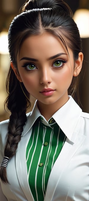 ((Top quality)), ((Masterpiece)), girl with neat hairstyle, ((full body shot,)) green horizontal striped t-shirt, beautiful eyes, (brown eyes), long black ponytail hair, intricate details, very detailed Eyes, small mouth, medium breasts, movie image, soft light lighting, perfect face, provocative pose, strong charisma, model in white suit,