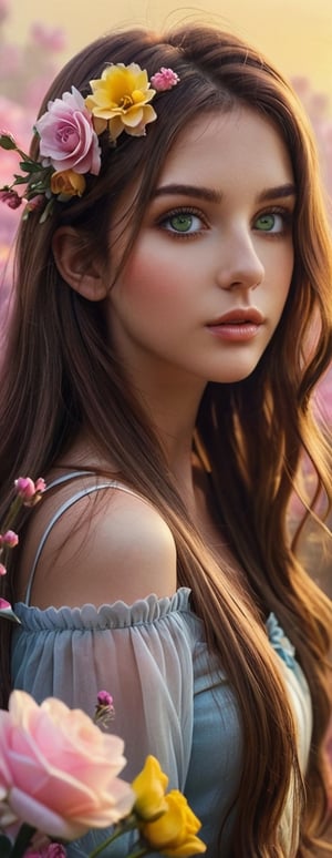 Masterpiece, highest quality, highest quality, art, detail. 1 Girl, long brown hair, hair and flowers, yellow and pink gradient, unclear boundary like fog, sad eyes staring into space, faint, full body shot,disney style,xxmix_girl