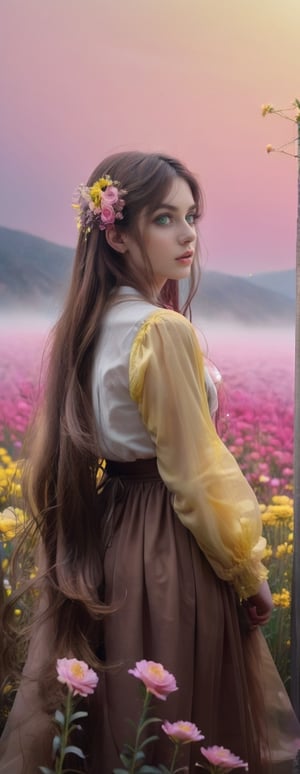 Masterpiece, highest quality, highest quality, art, detail. 1 Girl, long brown hair, hair and flowers, yellow and pink gradient, unclear boundary like fog, sad eyes staring into space, faint, full body shot,