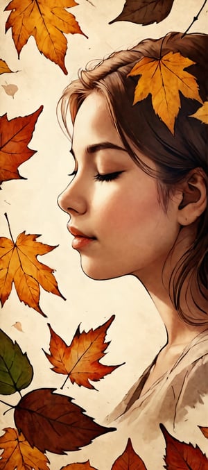 Silhouette of fallen leaves 80% on screen, double exposure, girl and portrait, face with eyes closed, HD, 8k, vivid,on parchment