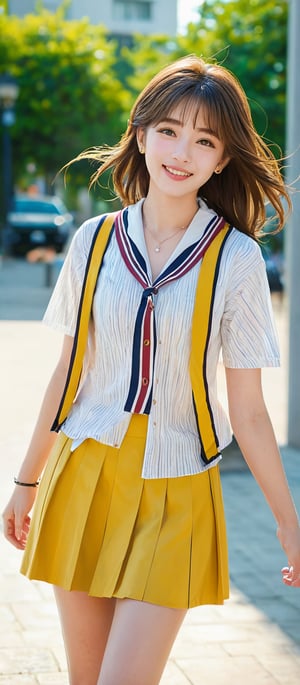 Girl 1, ultra high definition, windblown hair, brown eyes, brown hair, delicate facial features, eye smile, {{{masterpiece}}}, {{highest quality}}, high resolution, high definition, natural movements in everyday life, idol style Outfit, yellow horizontal striped collar T-shirt, shoes, summer cardigan, short jacket, skirt, blouse,style