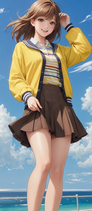 Girl 1, ultra high definition, windblown hair, brown eyes, brown hair, delicate facial features, eye smile, {{{masterpiece}}}, {{highest quality}}, high resolution, high definition, natural movements in everyday life, idol style Outfit, yellow horizontal striped collar T-shirt, shoes, summer cardigan, short jacket, skirt, blouse,style