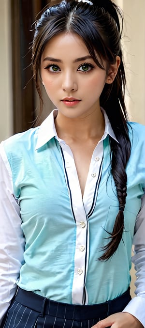 ((Top quality)), ((Masterpiece)), girl with neat hairstyle, ((full body shot,)) green horizontal striped t-shirt, beautiful eyes, (brown eyes), long black ponytail hair, intricate details, very detailed Eyes, small mouth, medium chest, movie image, lighting with soft light, perfect face, provocative bold pose, strong charisma, model in white suit, light blue shirt,