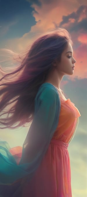 Fantasy, dream, illusion, hope, beauty, soft clothes, wind, high definition, silhouette, girl, colorful colors, pensive look, portrait of a girl,