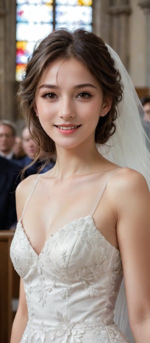 Girl 1, ultra high definition, windblown hair, brown eyes, brown hair, delicate facial features, eye smile, {{{Masterpiece}}}, {{Highest Quality}}, high definition, high definition, natural movements in everyday life, in May Bride, bride in new white wedding dress, church,
