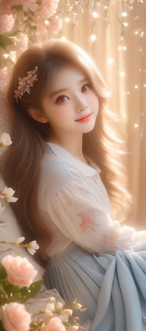 Beautiful soft light, (beautiful and delicate eyes), very detailed, pale skin, (long hair), dreamy, ((front shot)), (full body shot), brown eyes, soft expression, bright smile, art photography, fantasy , shyness, cute and soft image, masterpiece, ultra high resolution, colors, very delicate and soft lighting, details, Ultra HD, 8k, highest quality, (pose), girl1, real, wonders of art and beauty, soft stylish Kara Flower Point Long-sleeved collared T-shirt, light blue pleated skirt,Apoloniasxmasbox