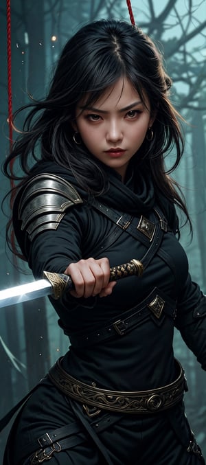 Female swordsman, charismatic and cruel expression, perfect pose, scene where she holds the sword handle and swings it,cool