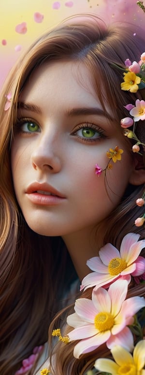 Masterpiece, highest quality, highest quality, art, detail. 1 Girl, long brown hair, hair and flowers, yellow and pink gradient, unclear boundary like fog, sad eyes staring into space, faint, full body shot,disney style,xxmix_girl,DonMW15pXL