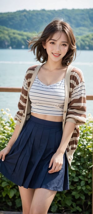 Girl 1, ultra high definition, windblown hair, brown eyes, brown hair, delicate facial features, eye smile, {{{masterpiece}}}, {{highest quality}}, high resolution, high definition, natural movements in everyday life, idol style Outfit, brown horizontal striped collar T-shirt, shoes, summer cardigan, short jacket, skirt, blouse,