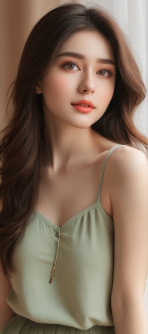 Beautiful soft light, (beautiful and delicate eyes), very detailed, pale skin, (long hair), dreamy, ((frontal shot)), (full body shot), brown eyes, soft expression, bright smile, art photography, fantasy, Shy, cute and soft image, masterpiece, ultra-high resolution, colors, very detailed and soft lighting, details, Ultra HD, 8k, highest quality, (pose), girl 1, real, a wonder of art and beauty, soft stylish collar sleeveless t-shirt, Light green lovely shirring miniskirt