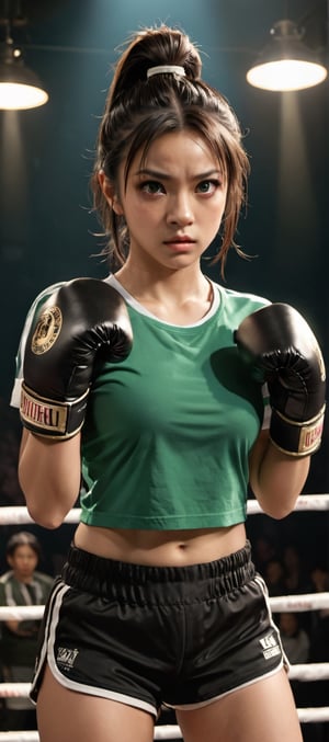 ((Top quality)), ((Masterpiece)), girl with neat hairstyle, ((full body shot,)) green horizontal striped t-shirt, beautiful eyes, (brown eyes), long black ponytail hair, intricate details, very detailed Eyes, small mouth, medium chest, movie image, lighting with soft light, perfect face, provocative bold pose, strong charisma, boxer wearing gloves and glaring at opponent in fighting stance, ring,mature,FilmGirl