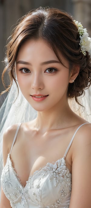 Girl 1, ultra high definition, windblown hair, brown eyes, brown hair, delicate facial features, eye smile, {{{Masterpiece}}}, {{Highest Quality}}, high definition, high definition, natural movements in everyday life, in May Bride, bride in new white wedding dress, church,seolhyun