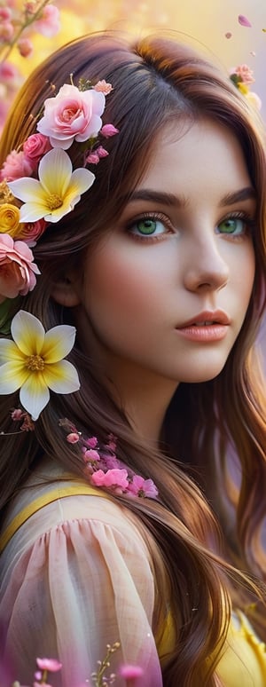 Masterpiece, highest quality, highest quality, art, detail. 1 Girl, long brown hair, hair and flowers, yellow and pink gradient, unclear boundary like fog, sad eyes staring into space, faint, full body shot,disney style,xxmix_girl,DonMW15pXL