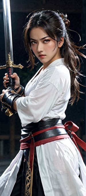 Female swordsman, charismatic and cruel expression, perfect pose, scene where she holds the sword handle and swings it,cool,APEX SUPER REAL FACE XL ,Rashmikasdxl