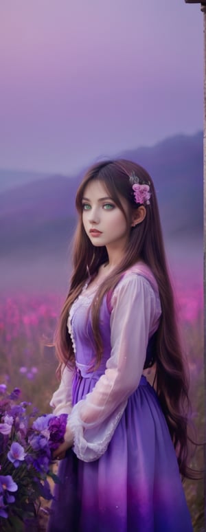Masterpiece, highest quality, highest quality, art, detail. 1 Girl, long brown hair, hair with flowers, purple and pink gradient, unclear border like fog, sad eyes staring into space, faint, full body shot,
