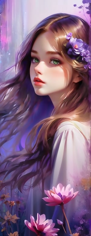 Masterpiece, highest quality, highest quality, art, detail. 1 Girl, long brown hair, hair with flowers, purple and pink gradient, unclear border like fog, sad eyes staring into space, faint,DonMD1g174l4sc3nc10nXL 