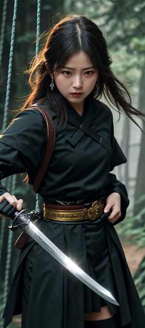 Female swordsman, charismatic and cruel expression, perfect pose, sword swing scene,
