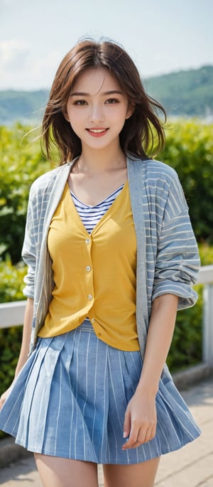 Girl 1, ultra high definition, windblown hair, brown eyes, brown hair, delicate facial features, eye smile, {{{masterpiece}}}, {{highest quality}}, high resolution, high definition, natural movements in everyday life, idol style Outfit, yellow horizontal striped collar T-shirt, shoes, summer cardigan, short jacket, skirt, blouse,style,hubggirl, ct-eujiiin,ivi