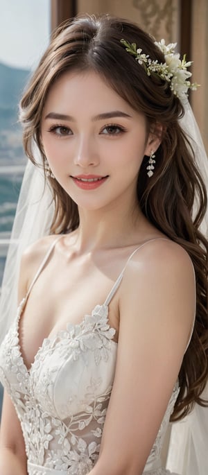 Girl 1, ultra high definition, windblown hair, brown eyes, brown hair, delicate facial features, eye smile, {{{Masterpiece}}}, {{Highest Quality}}, high definition, high definition, natural movements in everyday life, in May Bride, bride in a new white dress,
