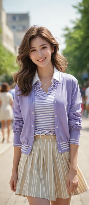 Girl 1, ultra high definition, windblown hair, brown eyes, brown hair, delicate facial features, eye smile, {{{masterpiece}}}, {{highest quality}}, high resolution, high definition, natural movements in everyday life, idol style Outfit, light purple horizontal striped collar T-shirt, shoes, summer cardigan, short jacket, skirt, blouse,