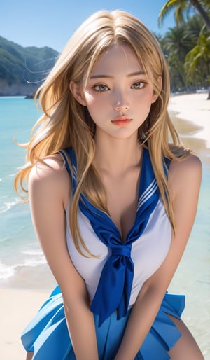 14k, UHD, high quality product, 2.5D drawing, sexy 16 year old girl, golden hair, blonde hair, beach background, (perfect body proportions), beautiful legs, long legs, tall girl, looking_at_viewer, beautiful smile, showing panties between legs, big_breast, smooth skin, (slim body,), (sky-blue color eyes),No bra, exposed breasts, seductive thighs, shiny and moist red lips, from head to toe, ((The body is revealed, the body is highlighted, )), (dress white colors), (A pose that shows the entire body,), dream_girl, cheek makeup,long eyelashes, ,sailor_girls