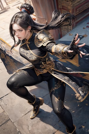 Best quality, masterpiece, ultra high res, (photorealistic:1.37), 1 beautiful female warrior, full body long shot, from above, (in a chinese palace lobby:1.3), (fight pose:1.3), working boots, (ultra-detailed background:1.3), (black tight tone:1.7), (ultra-detailed chinese armor style:1.3),