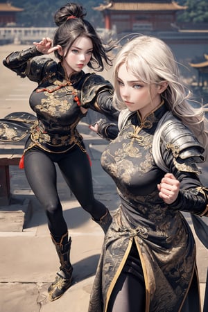Best quality, masterpiece, ultra high res, (photorealistic:1.37), 1 beautiful female warrior, full body long shot, from above, (in a chinese palace square:1.3), (fight pose:1.3), working boots, (ultra-detailed background:1.3), (black tight tone:1.7), (ultra-detailed chinese armor style:1.3),