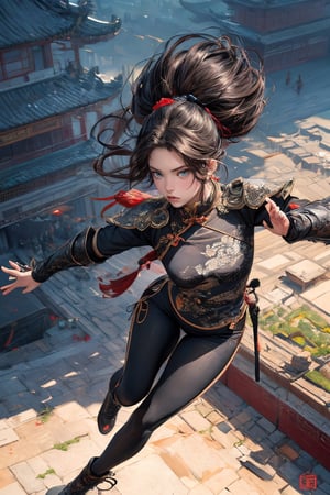 Best quality, masterpiece, ultra high res, (photorealistic:1.37), 1 beautiful female warrior, full body long shot, from above, (in a chinese palace square:1.3), (fight pose:1.3), working boots, (ultra-detailed background:1.3), (black tight tone:1.7), (ultra-detailed chinese armor style:1.3),