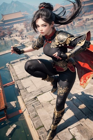 Best quality, masterpiece, ultra high res, (photorealistic:1.37), 1 beautiful female warrior, full body long shot, from above, (in a chinese palace square:1.3), (fight pose:1.3), working boots, (ultra-detailed background:1.3), (black tight tone:1.7), (ultra-detailed chinese armor style:1.3), looking_at_camera