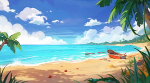 beach, coconut trees, sunny day, sand,  blue_sky, white_clouds,  a red boat , Natural lighting,candyland