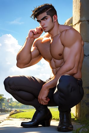 ((masterpiece)), ((best quality:1.2)), High Resolution, 8k, (ultra_realistic:1.3), (photorealistic:1.4), thin fit body,A man,20years old, Dark brown hairstyle, The hairstyle is medium short style, facial features show typical Asian features, Medium thick eyebrows , Deep black eyes, height of 175 centimeters, muscular lines, sexy,hot,Muscle,(VPL),cloudstick,looking at ground ,full_body,squatting,1boy,Pectoral Focus