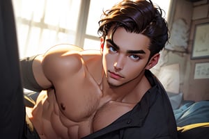 ((masterpiece)), ((best quality:1.2)), High Resolution, 8k, (ultra_realistic:1.3), (photorealistic:1.4), thin fit body,A man,20years old, Dark brown hairstyle, The hairstyle is medium short style, facial features show typical Asian features, Medium thick eyebrows , Deep black eyes, height of 175 centimeters, muscular lines, sexy,hot,Muscle,nodf_lora,VPL,cloudstick