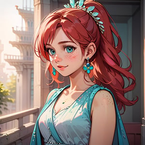 1girl, long red hair, standing on the balcony of a building, holding a cell phone in his hand and looking at the cell phone, smiling, blush, bangs, hair ornament, jewelry, blue eyes, ponytail, orange straight hair, earrings, parted lips, blurry, lips, ((dress: 1.1)), eyelashes, portrait, ((masterpiece: 2)), excellent quality, ((freckles: 1.5)), ((stunning_image: 1.5)), ((magma drops in air: 1)), medium long shot.,Ink art.