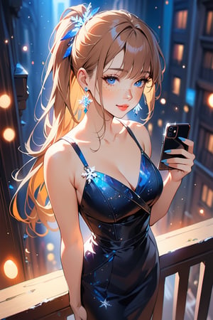 1girl,((standing: 2.5)), long hair, standing on the balcony of a building, holding a cell phone in his hand and looking at the cell phone, smiling, blush, bangs, hair ornament, jewelry, blue eyes, ponytail, orange straight hair, earrings, parted lips, blurry, lips, ((dress: 1.1)), eyelashes, portrait, light particles, ((masterpiece: 2)), excellent quality, light particles, ((freckles: 1.5)), snowflakes, ((stunning_image: 1.5)), ((magma drops in air: 1)), medium long shot.,Ink art