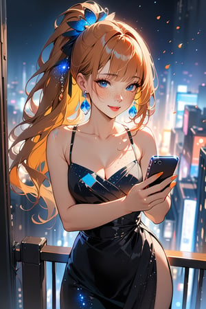 1girl,((standing: 2.5)), long hair, city, night, standing on the balcony of a building, holding a cell phone in his hand and looking at the cell phone, smiling, blush, bangs, hair ornament, jewelry, blue eyes, ponytail, orange straight hair, earrings, parted lips, blurry, lips, ((dress: 1.1)), eyelashes, portrait,, ((masterpiece: 2)), excellent quality, ((freckles: 1.5)), ((magma drops in air: 1)), medium long shot.,Ink art