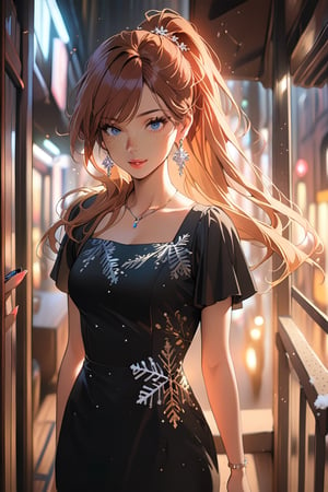 1girl, ((standing: 2.5)), long hair, looking at viewer, blush, bangs, hair ornament, jewelry, blue eyes, ponytail, orange straight hair, earrings, parted lips, blurry, lips,standing on the balcony of a building, looking at the front building, wearing a suitholding a cell phone in his hand and looking at the cell phone, smiling ((red dress: 1.1)), eyelashes, portrait, light particles, ((masterpiece: 2)), excellent quality, light particles, ((freckles: 1.5)), snowflakes, ((stunning_image: 1.5)), ((magma drops in air: 1)),, medium long shot.,Ink art,Hojo Tsukasa manga style