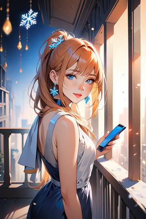 1girl, solo, ((standing: 2.5)), long hair, standing on the balcony of a building, looking at the front building, holding a cell phone in his hand and looking at the cell phone, smiling, blush, bangs, hair ornament, jewelry, blue eyes, ponytail, orange straight hair, earrings, parted lips, blurry, lips, ((dress: 1.1)), eyelashes, portrait, light particles, ((masterpiece: 2)), excellent quality, light particles, ((freckles: 1.5)), snowflakes, ((stunning_image: 1.5)), ((magma drops in air: 1)), medium long shot.,Ink art