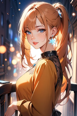 1girl,((standing: 2.5)), long hair, standing on the balcony of a building, holding a cell phone in his hand, looking at the cell phone, smiling, blush, bangs, hair ornament, jewelry, blue eyes, ponytail, orange straight hair, earrings, parted lips, blurry, lips, ((dress: 1.1)), eyelashes, portrait, light particles, ((masterpiece: 2)), excellent quality, light particles, ((freckles: 1.5)), snowflakes, ((stunning_image: 1.5)), ((magma drops in air: 1)), medium long shot.,Ink art