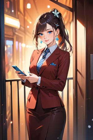 1girl, solo, ((standing: 2.5)), long hair, standing on the balcony of a building, looking at the front building, wearing a suit, holding a cell phone in his hand and looking at the cell phone, smiling, blush, bangs, hair ornament, jewelry, blue eyes, ponytail, orange straight hair, earrings, parted lips, blurry, lips, ((red dress: 1.1)), eyelashes, portrait, light particles, ((masterpiece: 2)), excellent quality, light particles, ((freckles: 1.5)), snowflakes, ((stunning_image: 1.5)), ((magma drops in air: 1)), medium long shot.,Ink art