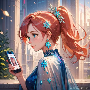 1girl, long red hair, standing on the balcony of a building, holding a cell phone in his hand and looking at the cell phone, smiling, blush, bangs, hair ornament, jewelry, blue eyes, ponytail, orange straight hair, earrings, parted lips, blurry, lips, ((dress: 1.1)), eyelashes, portrait, light particles, ((masterpiece: 2)), excellent quality, light particles, ((freckles: 1.5)), snowflakes, ((stunning_image: 1.5)), ((magma drops in air: 1)), medium long shot.,Ink art.