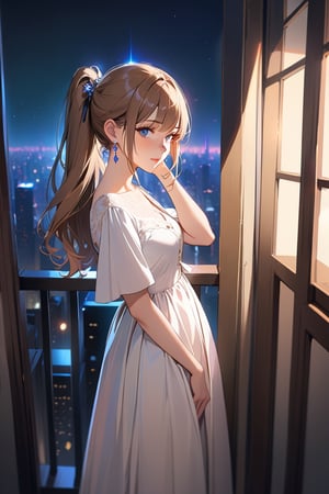 1girl,((standing: 2.5)), long hair, city, night, standing on the balcony of a building, holding a cell phone in his hand and looking at the cell phone, smiling, blush, bangs, hair ornament, jewelry, blue eyes, ponytail, orange straight hair, earrings, parted lips, blurry, lips, ((dress: 1.1)), eyelashes, portrait,, ((masterpiece: 2)), excellent quality, ((freckles: 1.5)), ((stunning_image: 1.5)), ((magma drops in air: 1)), medium long shot.,Ink art