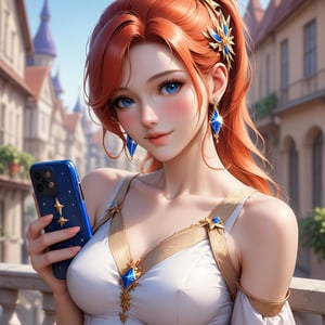 1girl, long red hair, standing on the balcony of a building, holding a cell phone in his hand and looking at the cell phone, smiling, blush, bangs, hair ornament, jewelry, blue eyes, ponytail, orange straight hair, earrings, parted lips, blurry, lips, eyelashes, portrait, ((masterpiece: 2)), excellent quality,medium long shot.,Ink art.,Girl,masterpiece,1guy