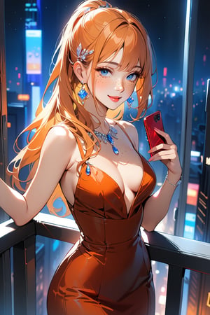 1girl,((standing: 2.5)), long hair, city, night, standing on the balcony of a building, holding a cell phone in his hand and looking at the cell phone, smiling, blush, bangs, hair ornament, jewelry, blue eyes, ponytail, orange straight hair, earrings, parted lips, blurry, lips, ((dress: 1.1)), eyelashes, portrait,, ((masterpiece: 2)), excellent quality, ((freckles: 1.5)), ((magma drops in air: 1)).,Ink art