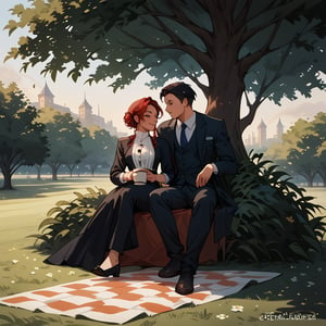 Score_9, Score_8_up, Score_7_up, Score_6_up, Score_5_up, Score_4_up), a girl red hair, sexy girl and her child (black hair, 10 years) sitting under a tree in a picnic, behind appearsm a man (black hair dressed in a suit)  walking with a coffee in his hand ,in the middle of the park, night, sexy pose,smiling,
ciel_phantomhive,jaeggernawt,Indoor,frames,high rise apartment,outdoor