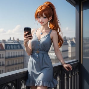 1girl, long red hair, standing on the balcony of a building, holding a cell phone in his hand and looking at the cell phone, smiling, blush, bangs, hair ornament, jewelry, blue eyes, ponytail, orange straight hair, earrings, parted lips, blurry, lips, ((dress: 1.1)), eyelashes, portrait, ((masterpiece: 2)), excellent quality, ((freckles: 1.5)), ((stunning_image: 1.5)), ((magma drops in air: 1)), medium long shot.,Ink art.