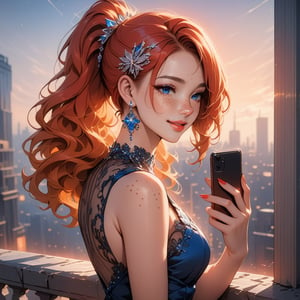 1girl, long red hair, standing on the balcony of a building, holding a cell phone in his hand and looking at the cell phone, smiling, blush, bangs, hair ornament, jewelry, blue eyes, ponytail, orange straight hair, earrings, parted lips, blurry, lips, ((dress: 1.1)), eyelashes, portrait, ((masterpiece: 2)), excellent quality, ((freckles: 1.5)), ((stunning_image: 1.5)), ((magma drops in air: 1)), medium long shot.,Ink art.,Girl,masterpiece