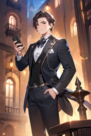 1man,((standing: 2.5)), black hair, standing on the balcony of a building, holding a cell phone in his hand and looking at the cell phone, smiling, blush, bangs, black eyes, parted lips, blurry, lips, ((suit: 1.1)), eyelashes, portrait, ((masterpiece: 2)), excellent quality, ((freckles: 1.5)), ((stunning_image: 1.5)), ((magma drops in air: 1)), medium long shot.,Ink art,jaeggernawt,lass