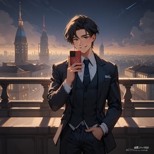 Score_9, Score_8_up, Score_7_up, Score_6_up, Score_5_up, Score_4_up,aa man black hair, sexy guy, wearing a suit, sexy guy, standing on the balcony of a building, looking at the front building,sexy pose,night,city  modern city, holding a cell phone in his hand and looking at the cell phone, smiling,
ciel_phantomhive,jaeggernawt,Indoor,frames,high rise apartment,outdoor,