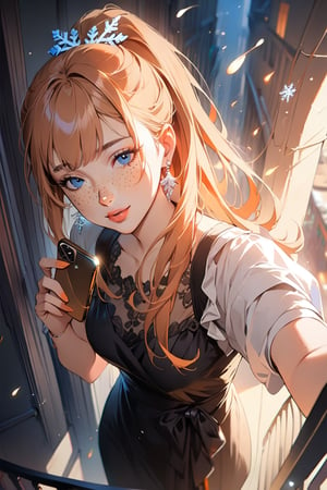 1girl,((standing: 2.5)), long hair, standing on the balcony of a building, looking at the front building, holding a cell phone in his hand and looking at the cell phone, smiling, blush, bangs, hair ornament, jewelry, blue eyes, ponytail, orange straight hair, earrings, parted lips, blurry, lips, ((dress: 1.1)), eyelashes, portrait, light particles, ((masterpiece: 2)), excellent quality, light particles, ((freckles: 1.5)), snowflakes, ((stunning_image: 1.5)), ((magma drops in air: 1)), medium long shot.,Ink art